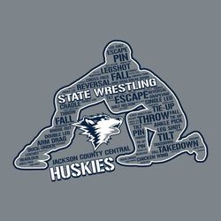 two color state wrestling t-shirt design with word art inside wrestlers.  Mascot in open space by wrestlers legs with team and mascot name underneath.  All text on an angle.
