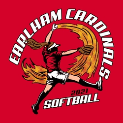 five color softball tee shirt.  Pitcher in throwing motion with flames on ball path.   Circle text with team and mascot name around the top. Year and word softball at the bottom.