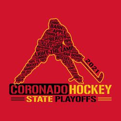 two color state ice hockey t-shirt design with hockey player in word art.  Slang hockey terms used.  Team name, hockey, and state playoffs in alternating colors below art.