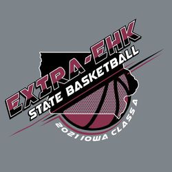 three color state basketball t-shirt design. State is clipped inside a basketball with larger halftone shadiing and outline.  Team name and State Basketball on 45 degree angle.  Circle text class info