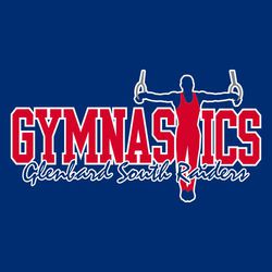 three color gymnast t-shirt design with male gymnast on rings making up the letter "T" in gymnastics.  Script team and mascot name at the bottom.