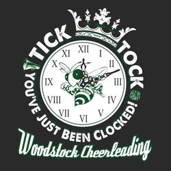 two color cheerleading t-shirt design.  has crown and verbiage "tick-tock you've just been clocked!"  School name and cheerleading in script at the bottom of design.