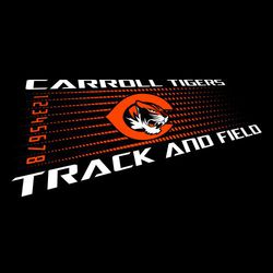 two color track t-shirt design with dashes for track lanes and lettering on a perspective.  Team name above and track and field below track lanes in alternate color.  Macot centered over lanes.