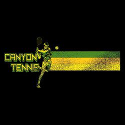 three color tennis t-shirt design with 3 color bars stacked to the side.  Male tennis player in the middle hitting a ball. Team name and tennis stacked on other side of the design.