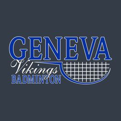 two color badminton t-shirt design with large school name lettering over half of a stylized badminton racquet.  Script team name on side of racquet. Word BADMINTON below that.