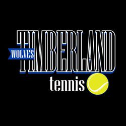 Three color tennis shirt design.  Large school name.  Smaller half banner centered on left side with mascot name inside it.  Smaller tennis ball on bottom right side.  Word tennis left of ball.