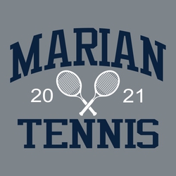 two color tennis tee shirt design with ached athletic block team name at the top and tennis at the bottom.  Smaller tennis racquets centered with year split on each side.