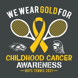 2 color tennis/cancer awareness design with racquets and cancer ribbon as the centerpiece.  "We wear gold for" in circle text at the top. "Childhood cancer awareness" at bottom.