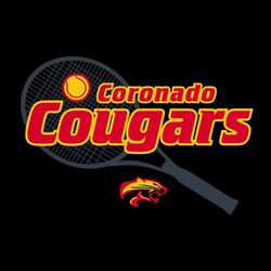three color tennis tee shirt design.  Team name and larger mascot name stacked over tennis racquet silhoutte in background.   Mascot below racquet.  Racquet is on a 45 degree angle.