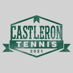one color tennis tee shirt design with team name framed by label type design.  Word tennis in banner at the bottom.  Distressed artwork.