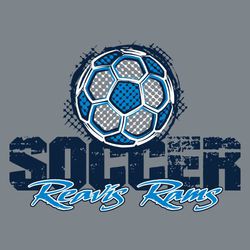 three color soccer ball tee shirt design.  multicolor soccer ball with large, coarse halftones.  Large distressed word SOCCER under ball.  School name and mascot in script at the bottom.