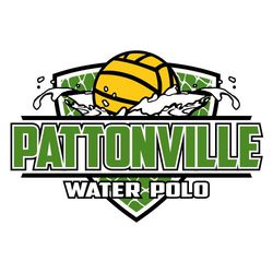 three color water polor design.  sheild with net in background. Ball splashing in water over the shield.  School or mascot name framed by lines below ball.  Water Polo lettering at the bottom.