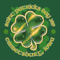 four color St. Patricks day tee shirt design.  Large, colorful 4 leaf clover centerpiece with smaller ones in the background.  Circle text with organizations name at the bottom.