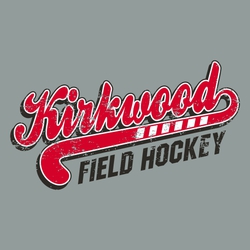 three color field hockey tee shirt design with stick as tail off script team name.