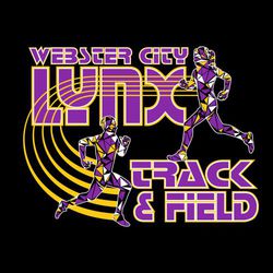 three color track tee shirt design with male and female runner silhouttes made up of triangular shapes.  Track corner in background.  Letter fit around runner with track lines through top lettering.