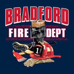 four color fire department tee shirt design with axe, boot, helmet and gloves.  Organiztion name ached above art.  Fire dept and distressed lines bracket the boot.