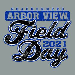 three color field day tee shirt design with Field Day in script.  Mascot name small at top.  Large school name in knockout oval.  Entire design is distressed.