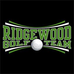 three color golf tee shirt design.  school name stacked over "golf team" reverse arched.  Gold ball separates words golf team.  Two colored lines above and below text that is reverse arched.