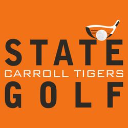 three color state golf tee shirt design with golf club head and ball on upper corner of word STATE. Team and mascot name on a single line between STATE and GOLF.