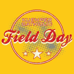 three color field day tee shirt design.  School name in top of circles, stars in the bottom.  Script "Field Day" over middle of circles.  large halftones in the background.  Entire design distressed.