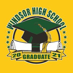 three color senior graduation tee shirt design with graduation cap and diploma. Circle text with school name and stars.  Year and word Graduate in banner below art.