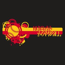 two color softball tee shirt design. Softball placed over platters and circles on the viewer's left hand side. Mascot and word Softball on the left.  All placed over two stacked, horizontal bars.