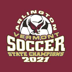 three color soccer champion tee shirt design.  Circle text around soccer ball at the top of art.  Mascot over ball. State name reversed arched over large word SOCCER.  State champion & year at bottom.