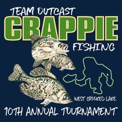 four color fishing tee shirt design.  Crappie fishing tournament design with lake outline.