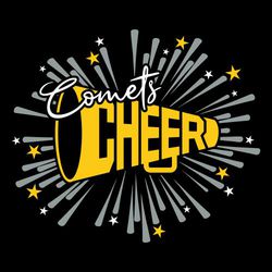 Three color cheerleading tee shirt design.  Word CHEER forms megaphone.  Lines tipped with stars exploding away from megaphone.  Mascot name in script over corner of megaphone.