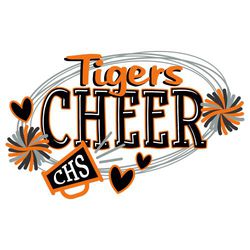 Three color cheerleading tee shirt design with squiggly ovals in background.  Mascot name and large word "CHEER" stacked and centered, framed by hearts, pom-poms and a megaphone.