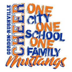 three color cheerleading tee shirt design with One city, one school, and one family stacked and down the side of design.  School name and CHEER going up the other side. Mascot name in script at bottom