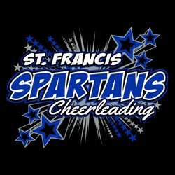 Three color cheerleading tee shirt design.  Burst of lines and stars in background.  Large three color mascot name centered.  School name above and cheerleading in script at the bottom.