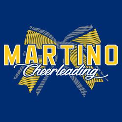 three color cheerleading tee shirt design with large bow in the background.  Block school name centered over bow.  Cheerleading in script below school name.