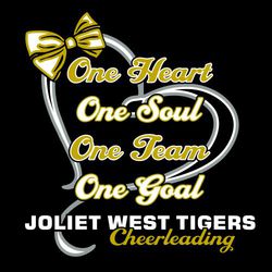 three color cheerleading tee shirt design.  Heart and Bow with lettering One Heart, One Soul, One Team, One Goal. Team and mascot name at bottom, script word Cheerleading at bottom