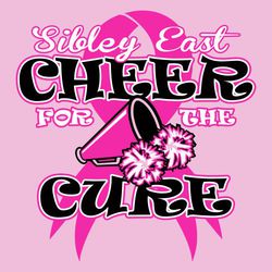 three color cheer for the cure tee shirt design.  Large pink cancer ribbon centered in background with pom-poms and megaphone.