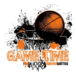 two color basketball tee shirt design with "Game Time" over net. Ball going into hoop.   Splattersed background.