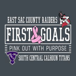 five color football cancer fundraising tee shirt design.  Cancer ribbon as ampersand in First & Goals. This lettering inside end zone.  Teams and mascots above and below art.