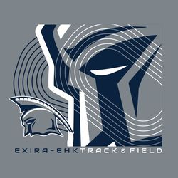 two color track tee shirt design with large, cropped mascot in background.  Track lines cut through mascot.  Small complete mascot in corner.  Small lettering with school name and track & field.
