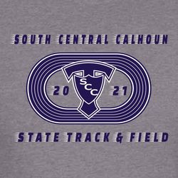 three color state track tee shirt design with track and team logo centered.  Team name and State Track & Field above and below art with motion lines.