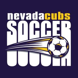 three color soccer tee shirt design with soccer ball moving across word soccer.  Word soccer is extended vertically.  School and mascot name at the top in alternate colors.