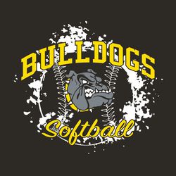 two color softball design with distressed softball in the background.  Arched athletic block lettering team name at the top. Script word softball at the bottom.  Mascot centered on ball.