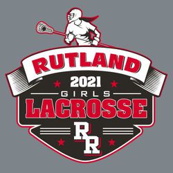 three color girls lacrosse tee shirt design.  Female player at the top of banner.  School name in ribbon inside banner.  Details and stars below ribbon inside banner.