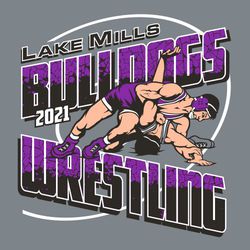four color wrestling t-shirt design.  Wrestler in control using arm bar to turn opponent.  School name stacked over large mascot lettering with cracked distressed effect.  Word wrestling at the bottom