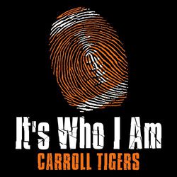 two color football t-shirt design with football as a fingerprint.  "It's Who I Am" below ball stacked above school and mascot name.  Distressed lettering.