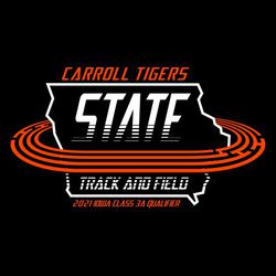 two color state track t-shirt design with state outline circled by a stylized 3D track. State Track and Field inside state outline.  School and mascot name at top, year & class information on bottom.