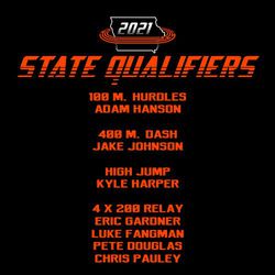 two color state track t-shirt back print design.  Small state with year in it.  3D track wraps around state.  Large state qualifiers with line effect.  Event and qualifers below that, centered.