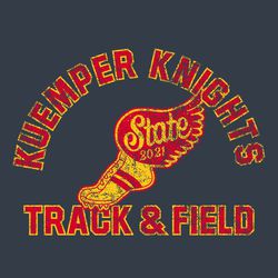 two color state track t-shirt design with winged shoe.  Large wing has State 2019 in script. Circle block text at top with school and mascot name.  Block track& field at bottom.  All distressed.