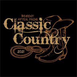 two color western themed prom tee shirt design.  Cowboy hat on cowboy boots with rope in background.  "Classic Country" text in distressed font.