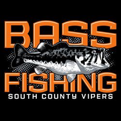 three color bass fishing t-shirt design with a largemouth bass centered in design.  BASS above and fish and FISHING below.  Organization name at the bottom.  Halftone background.