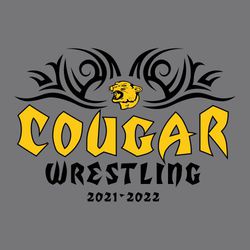 two color wrestling t-shirt design with tribal shapes framing mascot. Large mascot name in pointed font, word wrestling below that.   Year at the bottom.